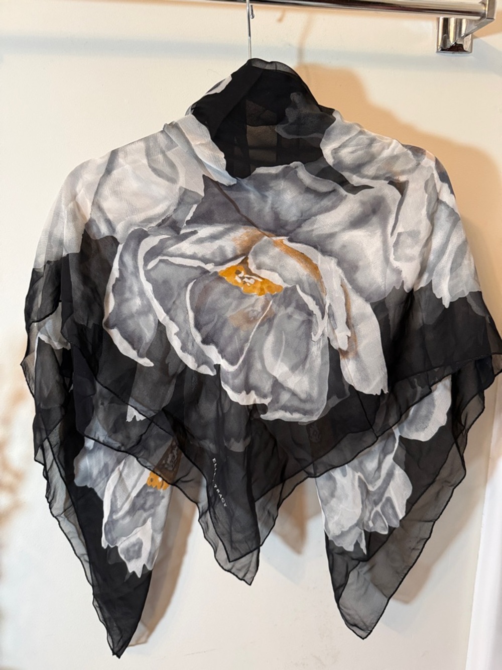 Vintage Ellen Tracy Black chiffon Floral Accent Scarf with White & Yellow Motifs